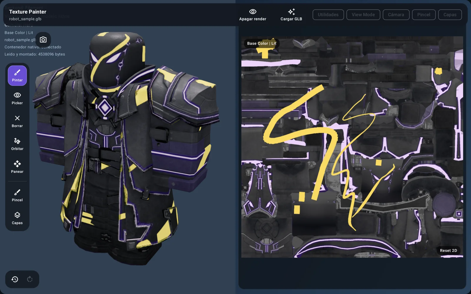 Texelier workspace showing a painted 3D character beside its UV texture on an Android tablet